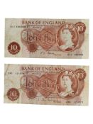 2 X BANK OF ENGLAND TEN SHILLING NOTES