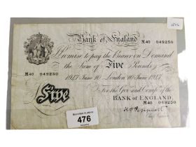 BANK OF ENGLAND £5 BANKNOTE 1947 JUNE 10 K.O.PEPPIATT