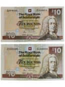 2 X ROYAL BANK OF SCOTLAND £10 BANK NOTES - 24TH FEBRUARY 1988 AND 22ND FEBRUARY 1989