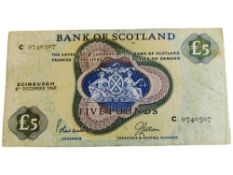 BANK OF SCOTLAND £5 BANKNOTE 8TH DECEMBER 1969 LORD POLWARTH