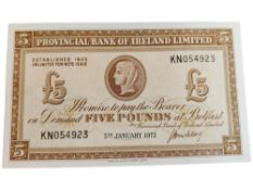PROVINCIAL BANK OF IRELAND £5 BANKNOTE 5TH JANUARY 1972 J.G.MCCLAY