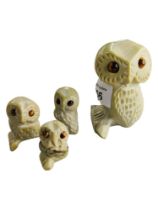 SET OF 4 MARBLE & TIGERS EYE OWL FAMILY