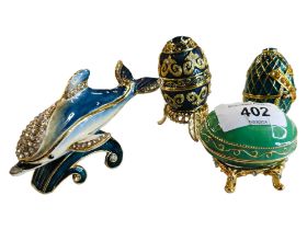 3 X ENAMEL FABERGE STYLE EGGS ON STAND AND DOLPHIN