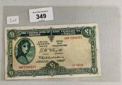CENTRAL BANK OF IRELAND £1 LADY LAVERY BANKNOTE 31.12.58