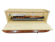 SUPERB MODEL BOAT IN DISPLAY CASE WITH ENGINE 124CM X 38CM X 27CM