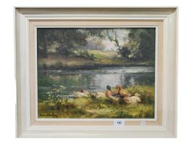 FRANK MCKELVEY OIL ON BOARD DUCKS AT THE POND 43 X 33 CMS