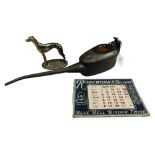 1917 ROPEWORK DESK CALENDAR COMPLETE, SHEFFIELD SILVER PLATED DOG AND ANTIQUE DOUBLE SLIDE OIL CAN