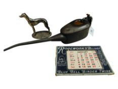 1917 ROPEWORK DESK CALENDAR COMPLETE, SHEFFIELD SILVER PLATED DOG AND ANTIQUE DOUBLE SLIDE OIL CAN