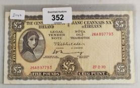CENTRAL BANK OF IRELAND £5 LADY LAVERY BANKNOTE 27.2.70