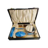 CASED SILVER BLUE ENAMEL GUILLOCHE DRESSING TABLE APPOINTMENT SET PRESENTED TO MRS ROBERT DIAMOND