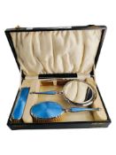 CASED SILVER BLUE ENAMEL GUILLOCHE DRESSING TABLE APPOINTMENT SET PRESENTED TO MRS ROBERT DIAMOND
