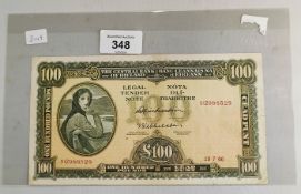 CENTRAL BANK OF IRELAND £100 LADY LAVERY BANKNOTE 19.7.66