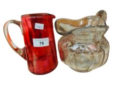 VICTORIAN RUBY GLASS JUG AND OLD PRESSED GLASS JUG