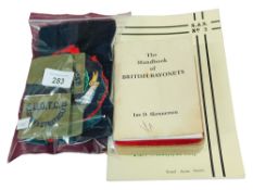 BAG LOT OF MILITARY PATCHES ETC, BRITISH SPIKE BAYONET BOOKLET, THE HANDBOOK OF BRITISH BAYONETS AND