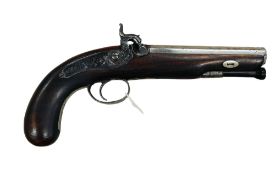 CIRCA 26 BORE PERCUSSION OCTAGONAL BARREL WITH DOVETAIL FORESIGHT. ENGRAVED BREECH WITH 2 BREECH