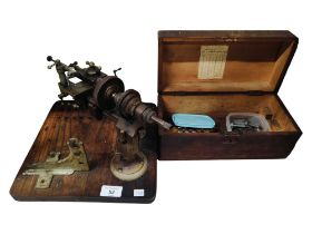 WATCH MAKERS LAITHE ON STAND & BOX OF ACCESSORIES