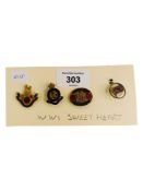 WORLD WAR 1 - 4 SWEETHEART BADGES