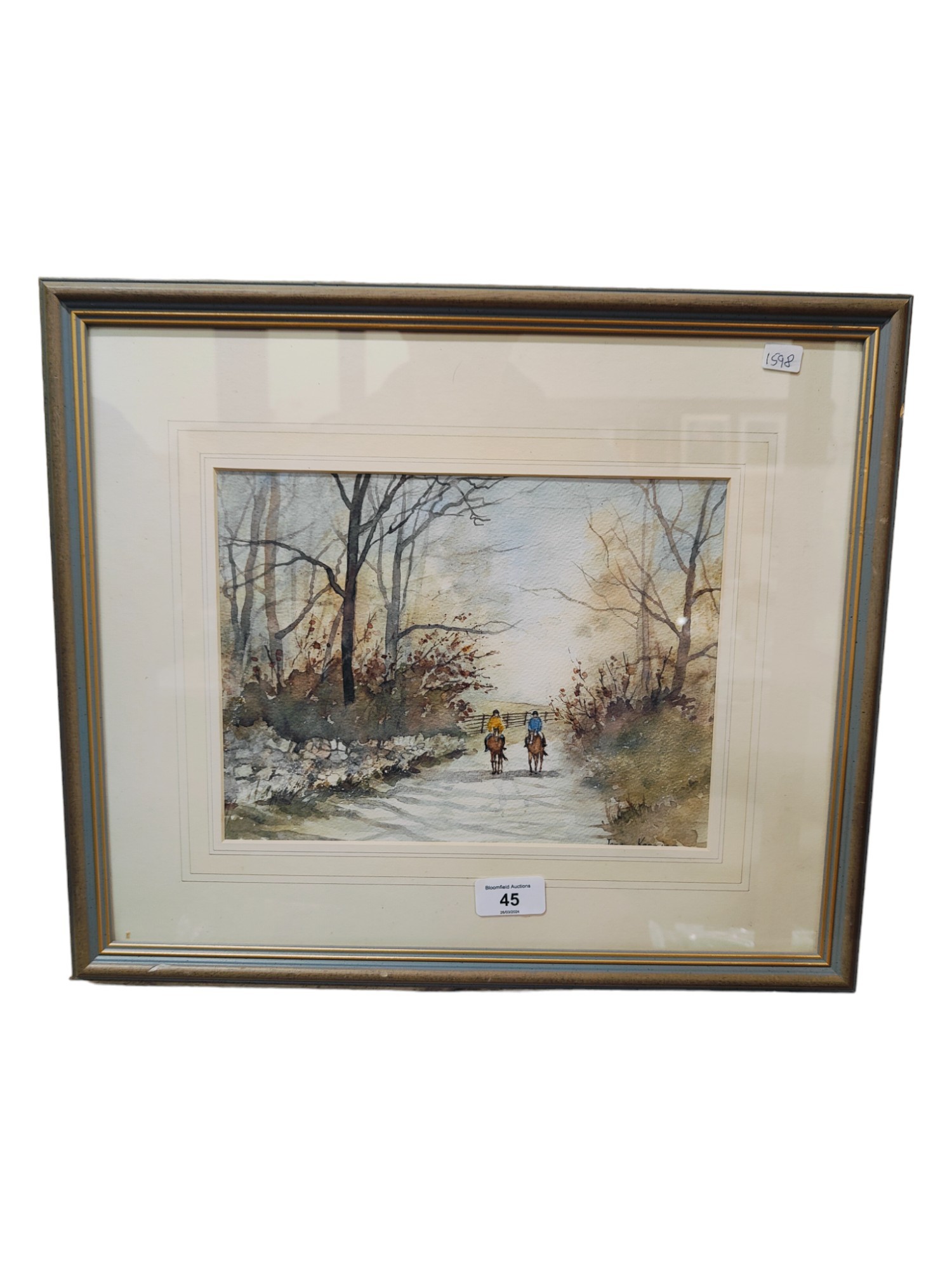SIGNED WATERCOLOUR - HORSE RIDING COUNTRY LANE