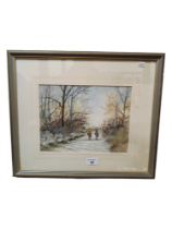 SIGNED WATERCOLOUR - HORSE RIDING COUNTRY LANE