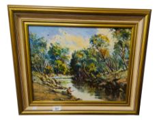 DAVID OVEREND - OIL ON CANVAS - FISHING 0N THE RIVERBANK 46CM X 35CM