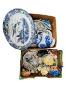 2 BOXES OF EPNS, BLUE & WHITE CHINA, OIL LAMP & ORNAMENTS