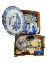 2 BOXES OF EPNS, BLUE & WHITE CHINA, OIL LAMP & ORNAMENTS