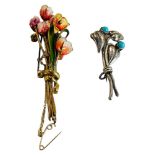 SILVER & TURQUOISE FLORAL BROOCH & ENAMEL FLORAL BROOCH