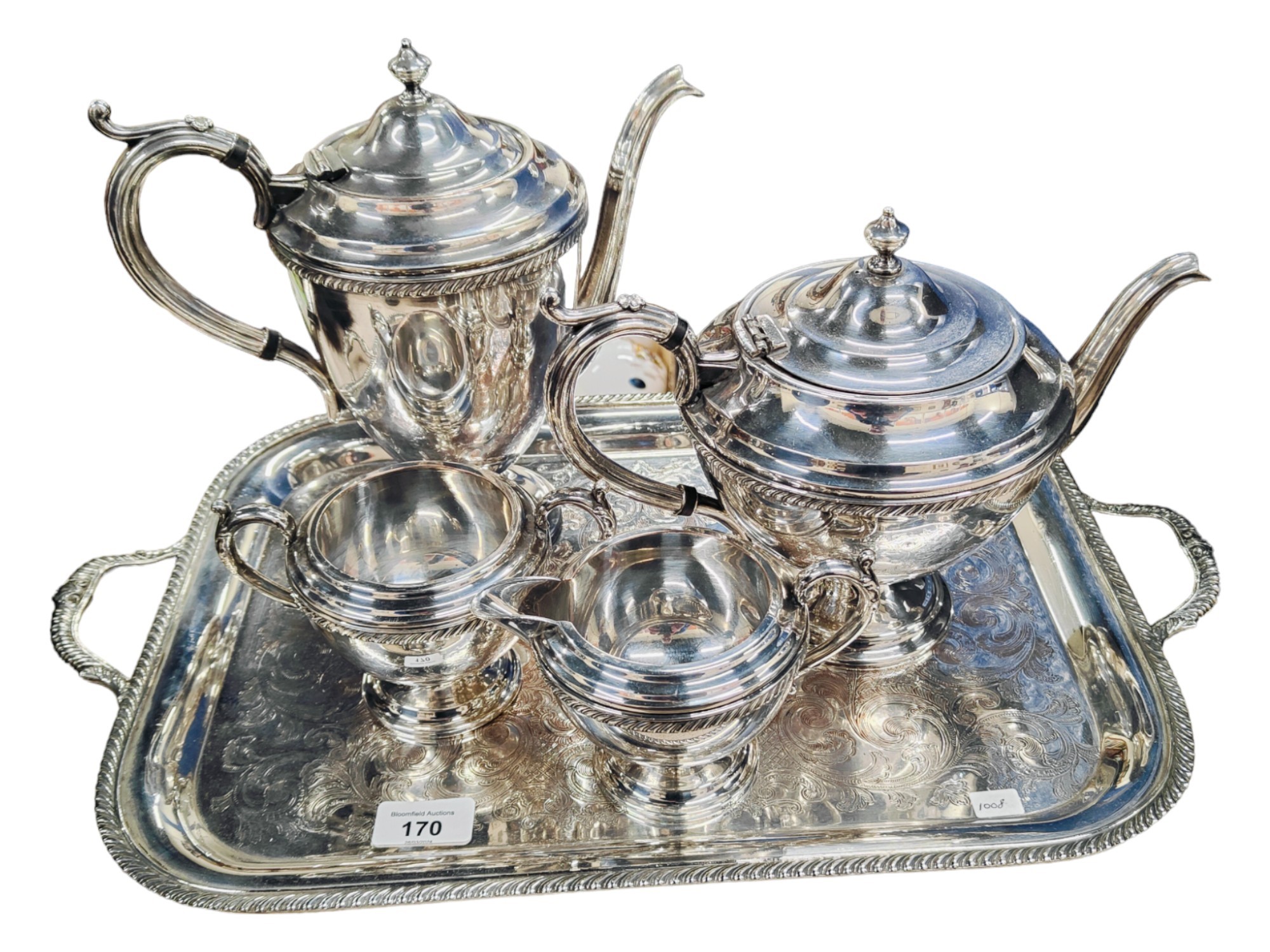 4 PIECE SILVER PLATE TEA/COFFEE SERVICE WITH SILVER PLATE TRAY