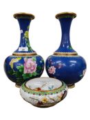 PAIR OF CLOISONNE VASES AND BOWL