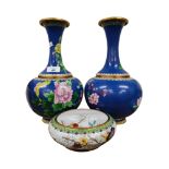 PAIR OF CLOISONNE VASES AND BOWL