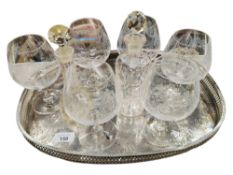 SET OF BOHEMIAN BRANDY GLASSES, 2 DECANTERS & AN EPNS ASHTRAY