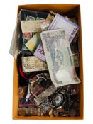 BOX OF COINS, CURRENCY, WATCHES ETC