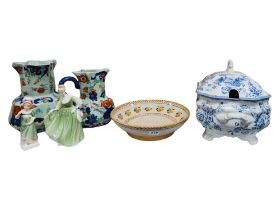 SHELF LOT TO INCLUDE DOULTON FIGURES, MOSS POTTERY, TUREEN AND STONEWARE JARS