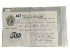 BANK OF ENGLAND £5 BANK NOTE - P.S.BEALE 6 AUGUST 1952