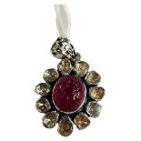 STUNNING CARVED RUBY & OLD CUT DIAMOND PENDANT