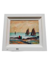 P.MURPHY - OIL ON BOARD - WATCHING THE BOATS - 36CM X 32CM