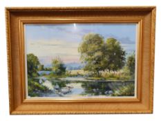 FRAN FIT - OIL ON CANVAS - FISHING ON THE BANKS OF THE RIVER - 76 X 50CMS