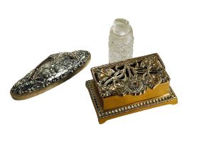 SILVER TOPPED NAIL BUFF, BRASS FOOTED STAMP HOLDER ETC