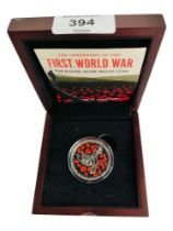 THE CENTENARY OF THE FIRST WORLD WAR FIVE POUND SILVER PROOF COIN IN BOX WITH CERTIFICATE