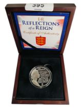 REFLECTIONS OF A REIGN GUERNSEY SILVER £5 PROOF COIN IN BOX WITH CERTIFICATE