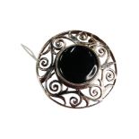 SILVER & ONYX SET CELTIC BROOCH