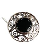 SILVER & ONYX SET CELTIC BROOCH