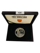 THE CENTENARY OF THE FIRST WORLD WAR JERSEY SILVER 5 OZ COIN IN BOX WITH CERTIFICATE