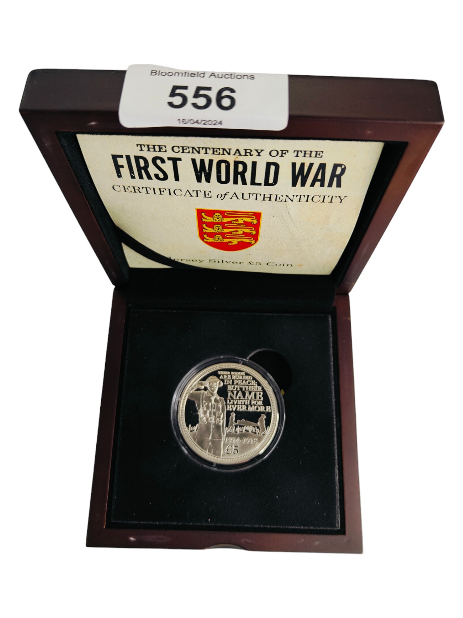 THE CENTENARY OF THE FIRST WORLD WAR JERSEY SILVER £5 COIN IN BOX WITH CERTIFICATES