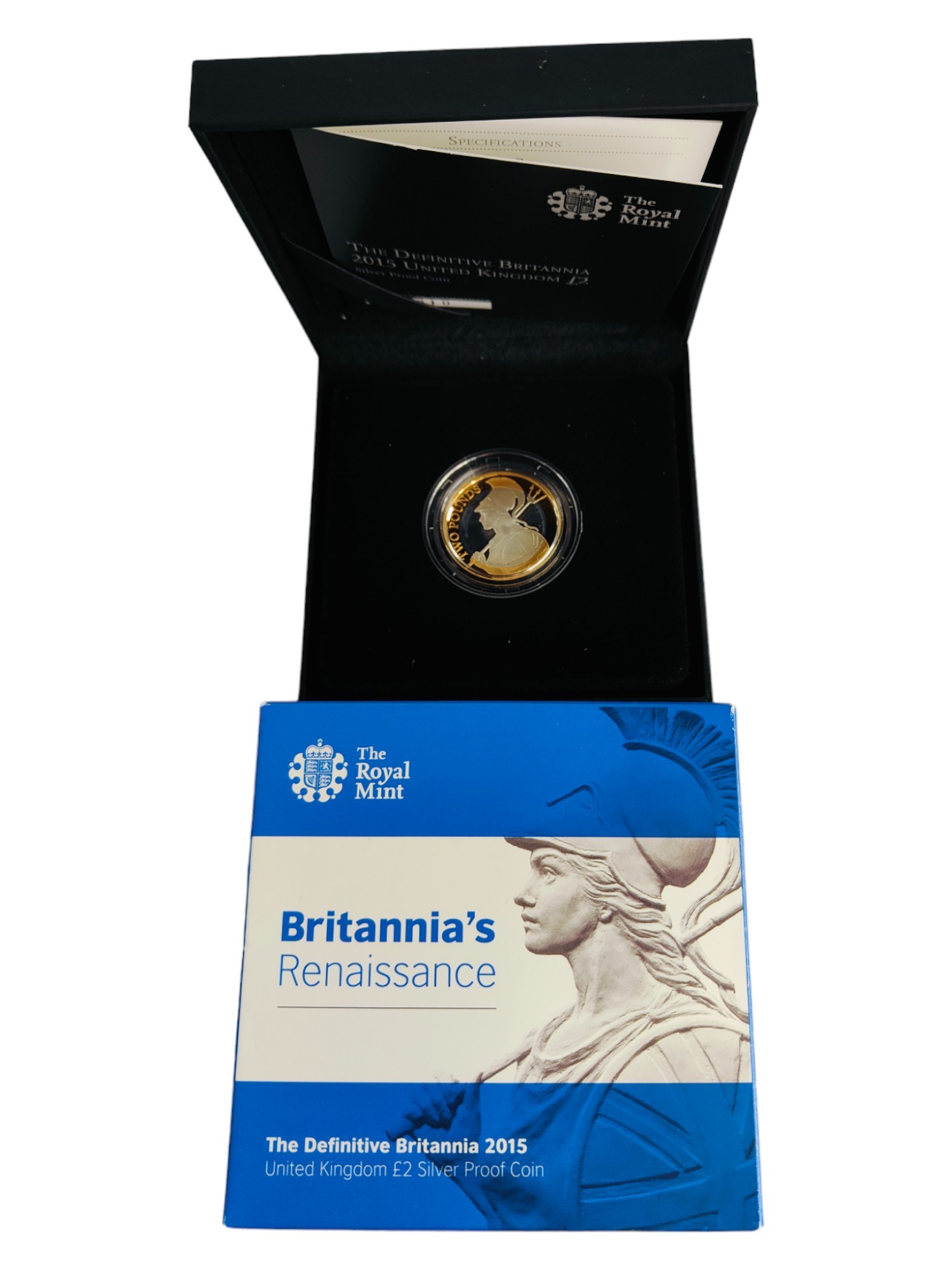 THE DEFINITIVE BRITANNIA 2015 UNITED KINGDOM £2 SILVER PROOF COIN PLATED WITH FINE GOLD IN BOX