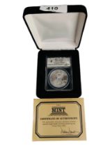 SILVER EAGLE INAUGURAL STRIKE COIN IN BOX WITH CERTIFICATE