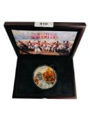 THE BATTLE OF WATERLOO SILVER FIVE OUNCE PROOF COIN IN BOX WITH CERTIFICATE