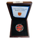 THE 2016 LEST WE FORGET POPPY COIN SILVER £5 IN BOX WITH CERTIFICATE