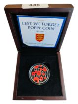 THE 2016 LEST WE FORGET POPPY COIN SILVER £5 IN BOX WITH CERTIFICATE