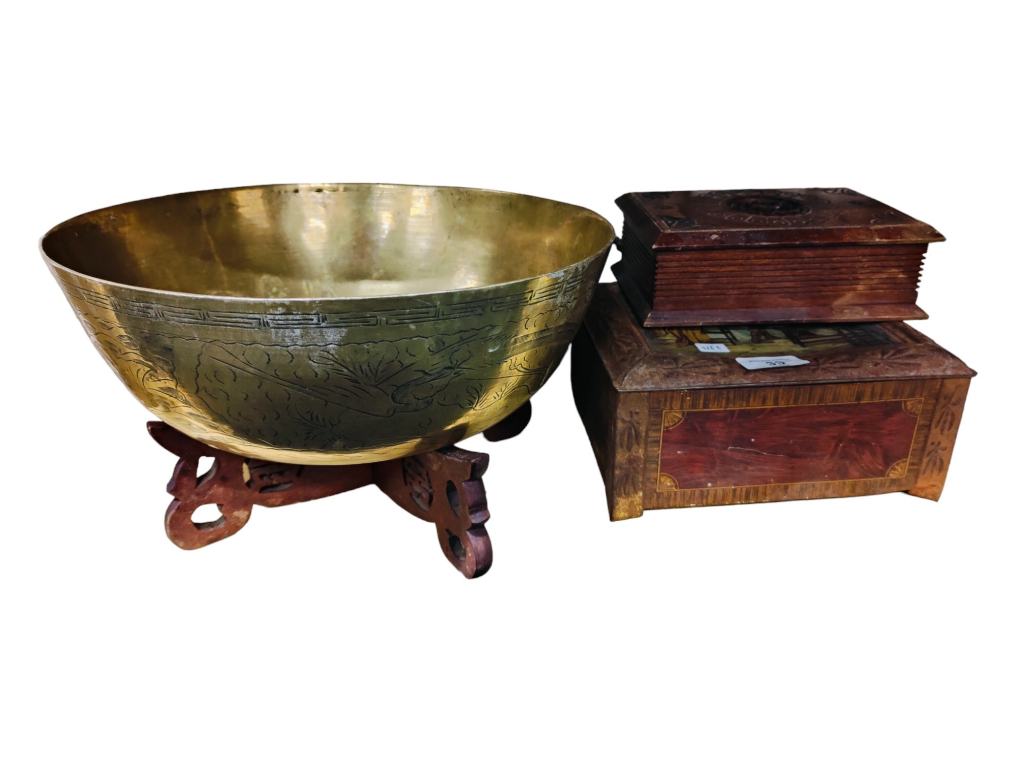 CHINESE BRASS BOWL ON STAND WITH 2 BOXES